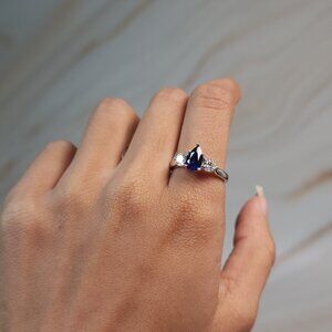 Created Blue Sapphire & Lab Grown Diamond Pear Round ring .925 Sterling Silver